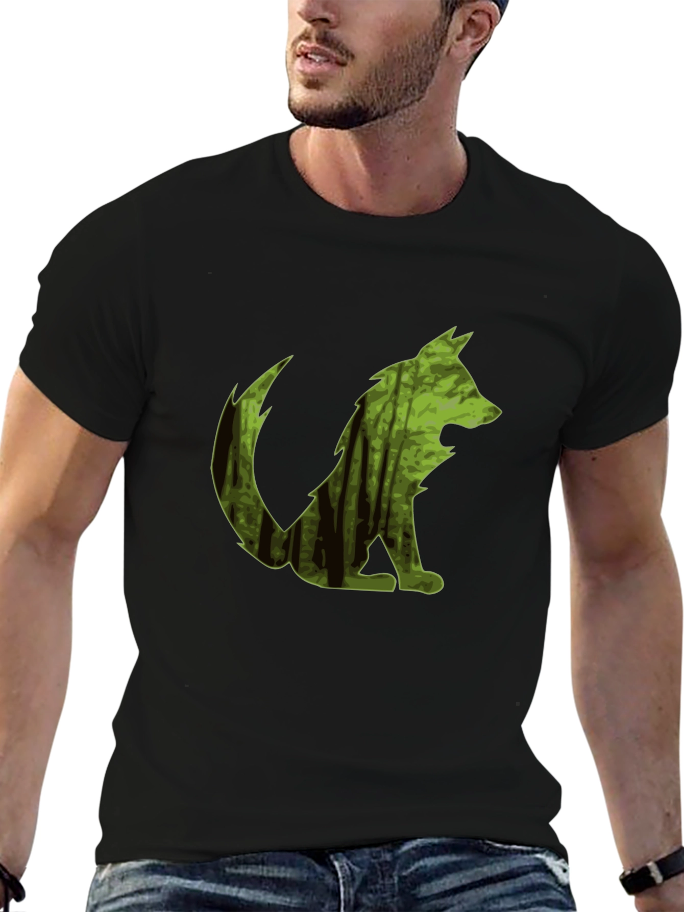 Camiseta Negra Hombre Diseño Lobo Bosque