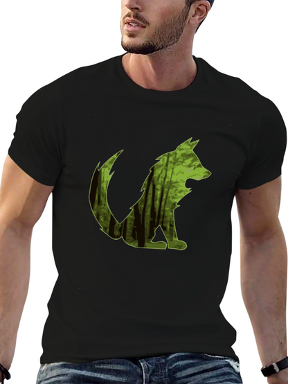 Camiseta Negra Hombre Diseño Lobo Bosque