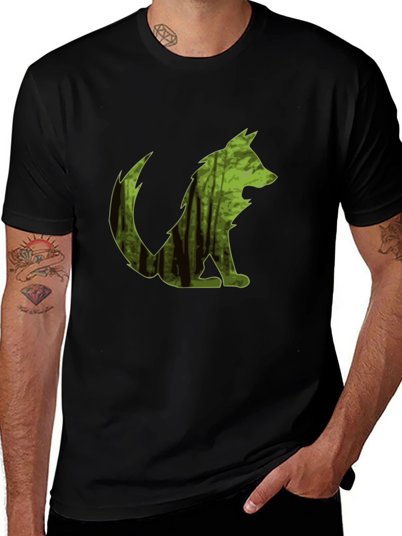 Camiseta Negra Hombre Diseño Lobo Bosque