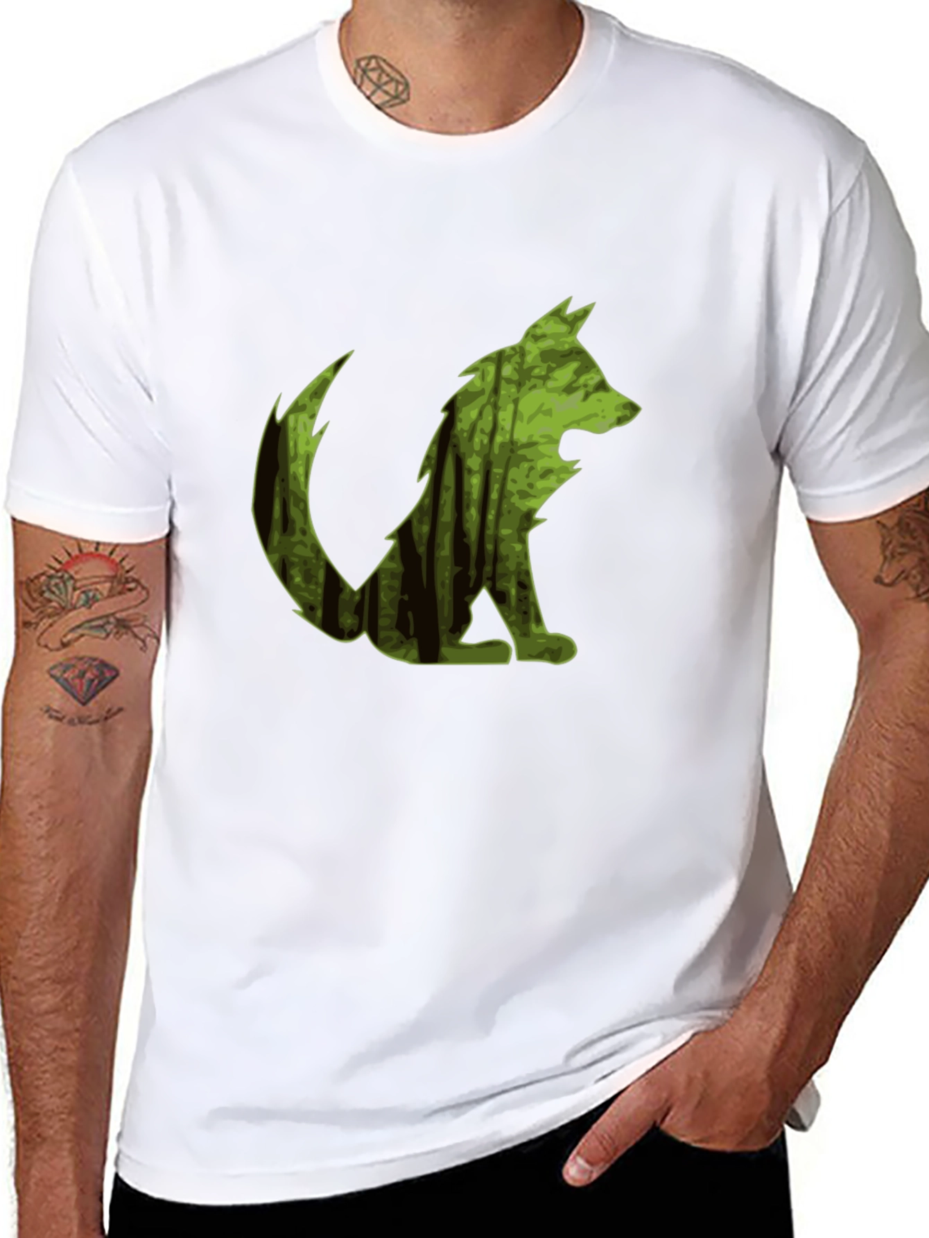 Camiseta Negra Hombre Diseño Lobo Bosque