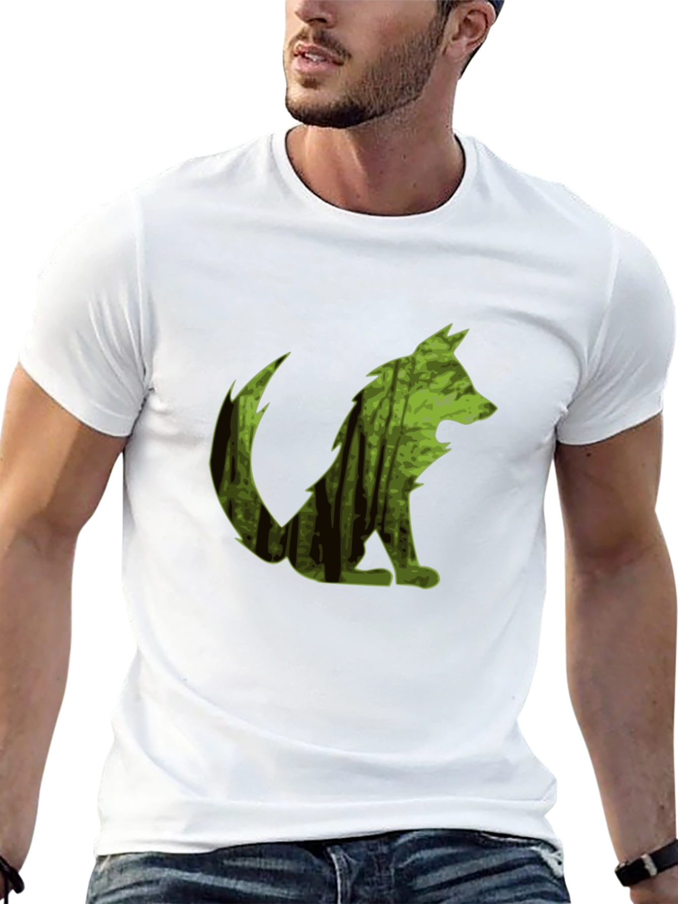 Camiseta Negra Hombre Diseño Lobo Bosque