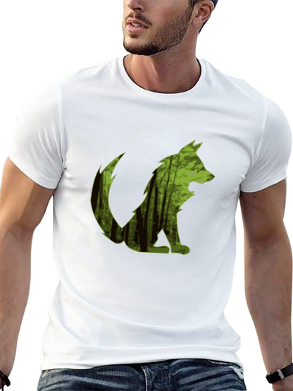 Camiseta Negra Hombre Diseño Lobo Bosque
