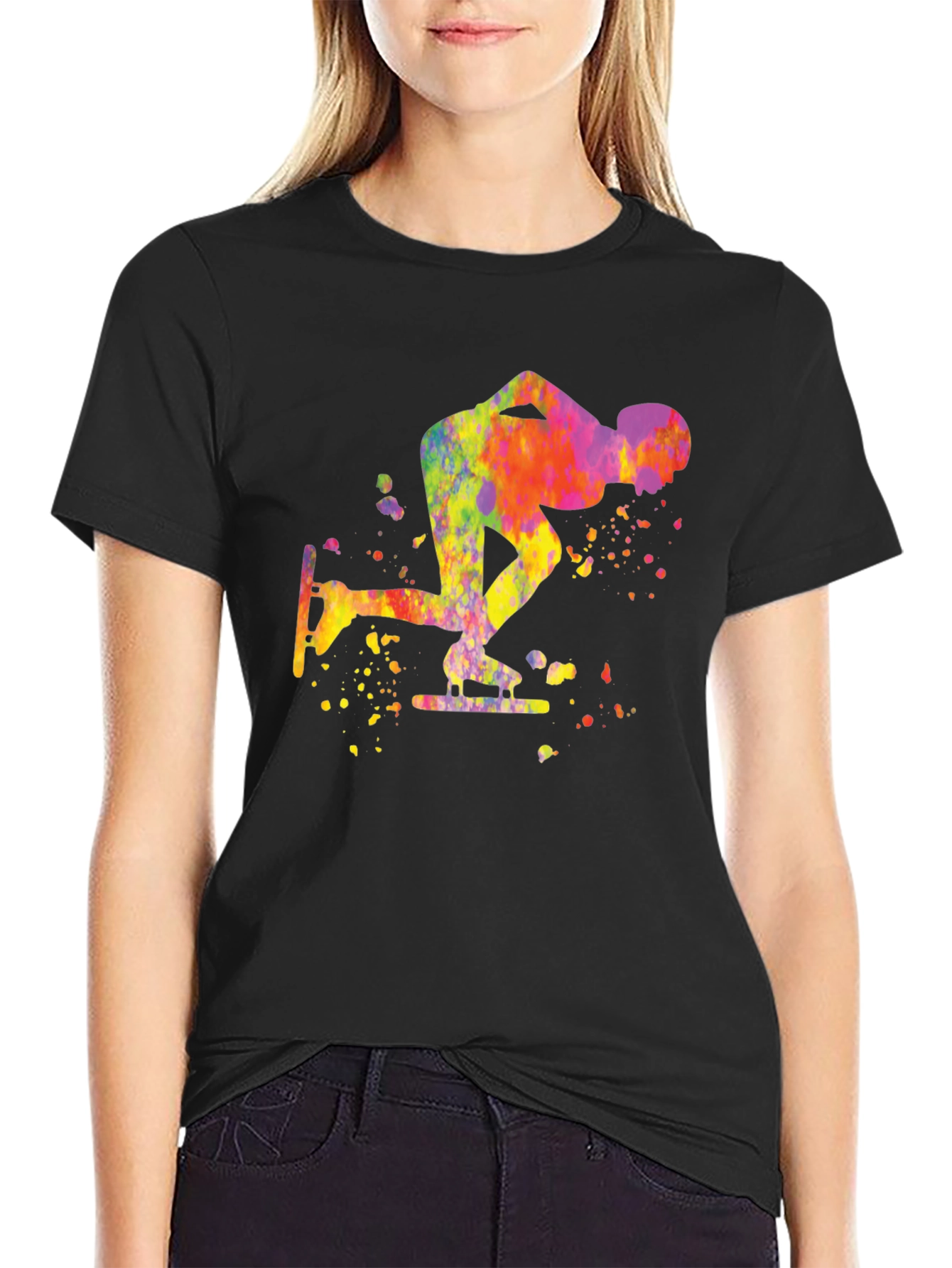 Camiseta Negra Patinador Artística Acuarela