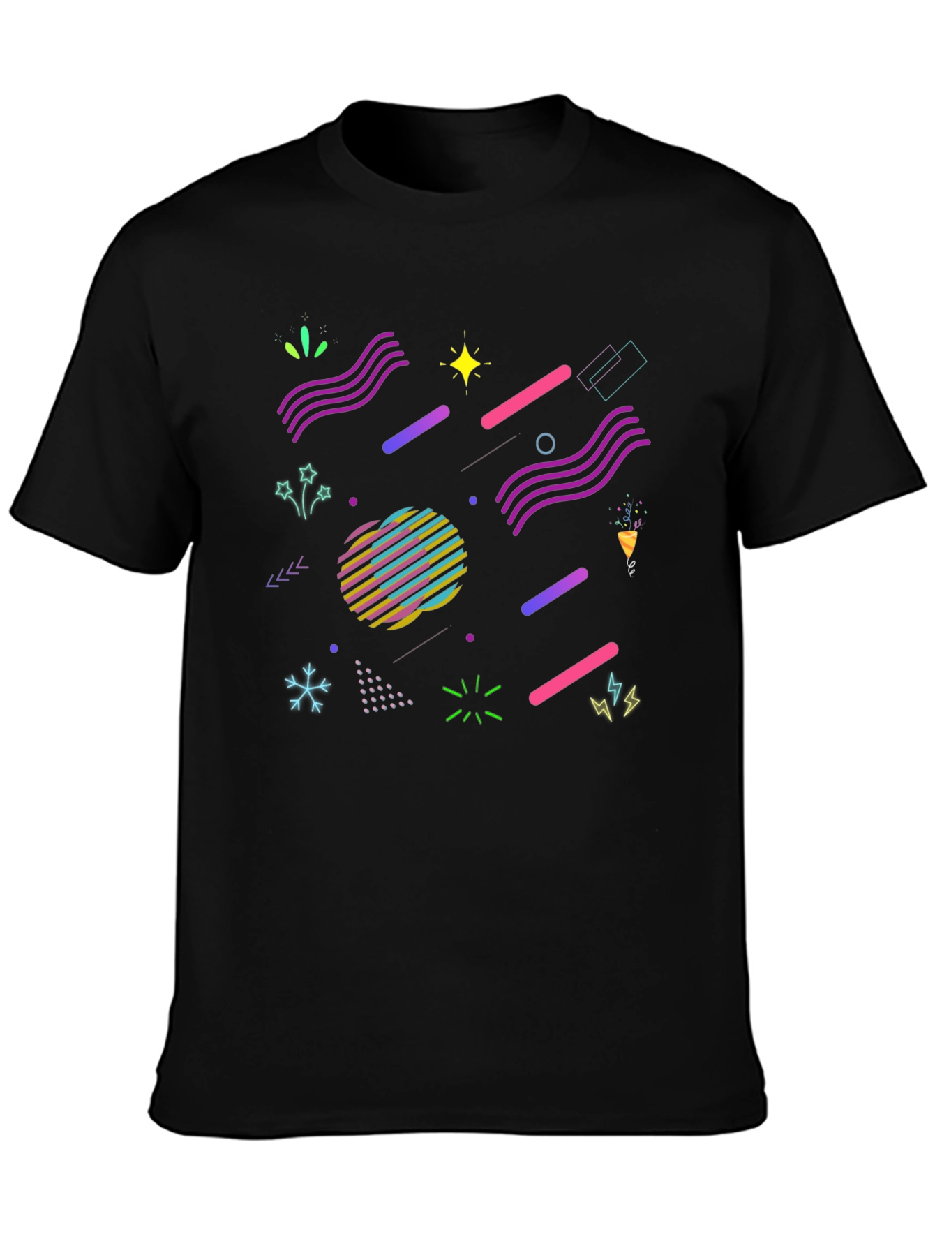 Camiseta Negra con Diseño Geométrico Retro