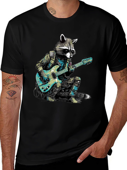 Camiseta Negra con Mapache Rockero Guitarrista