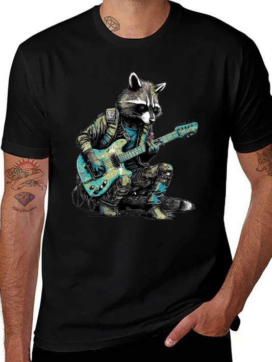 Camiseta Negra con Mapache Rockero Guitarrista