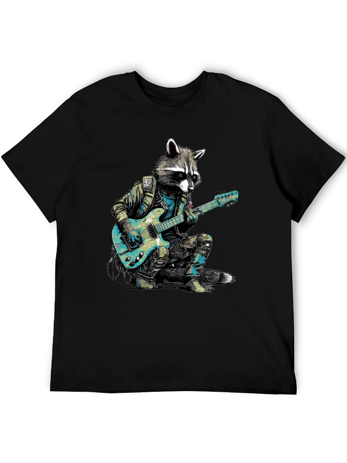 Camiseta Negra con Mapache Rockero Guitarrista