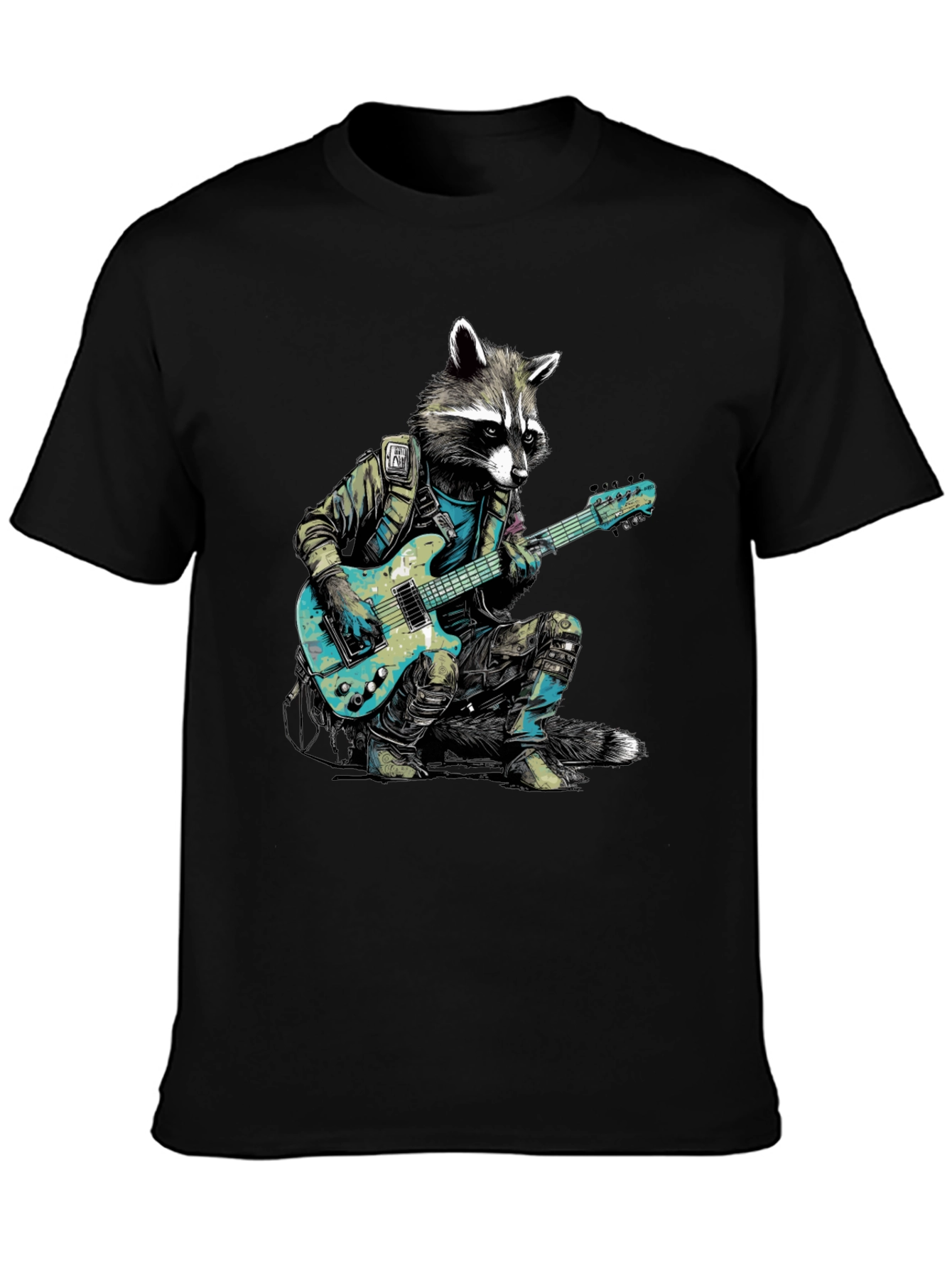 Camiseta Negra con Mapache Rockero Guitarrista