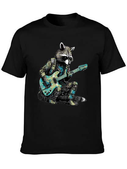 Camiseta Negra con Mapache Rockero Guitarrista