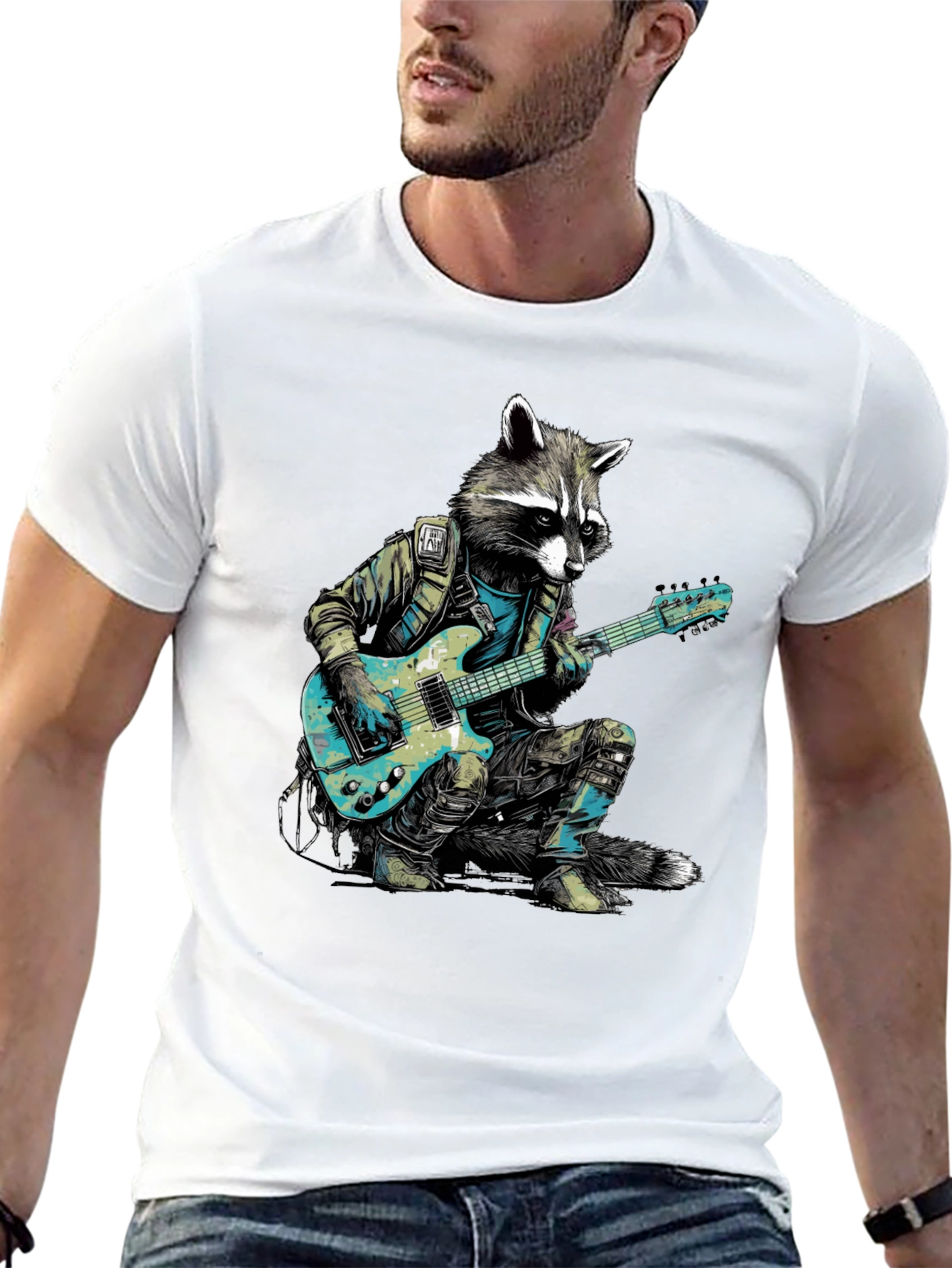 Camiseta Negra con Mapache Rockero Guitarrista