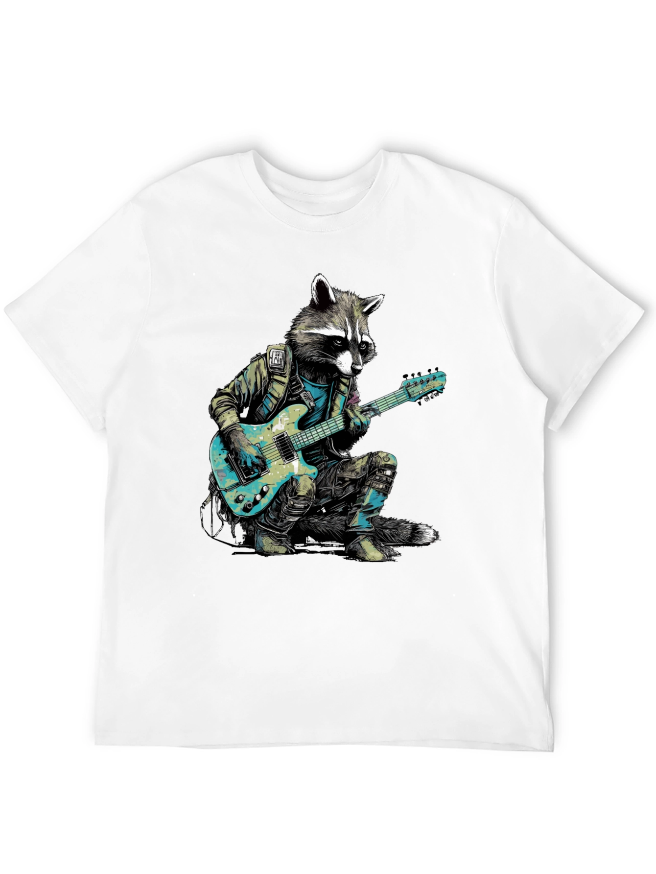 Camiseta Negra con Mapache Rockero Guitarrista