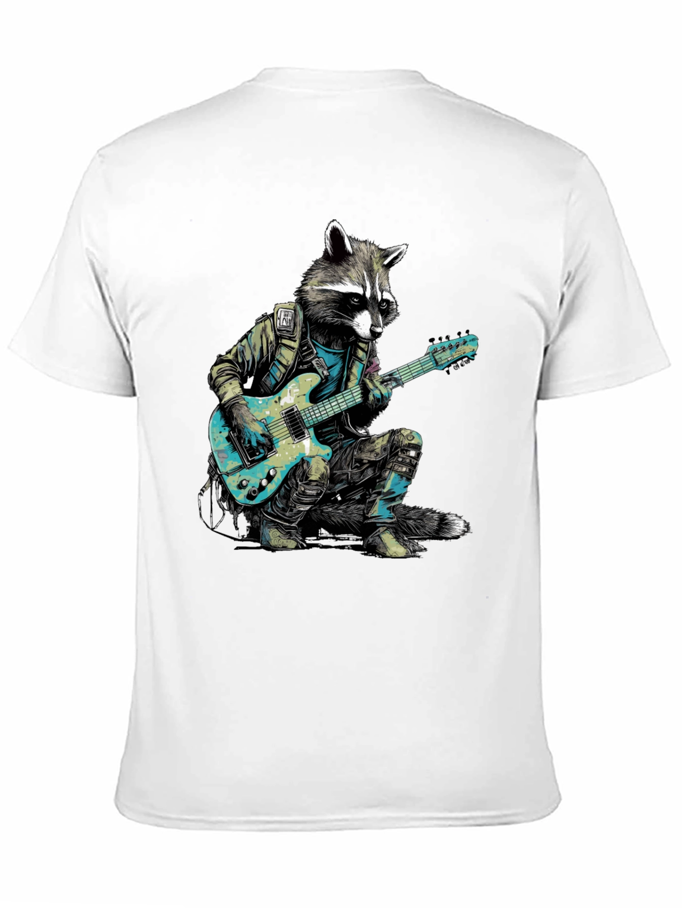 Camiseta Negra con Mapache Rockero Guitarrista