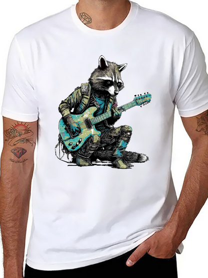 Camiseta Negra con Mapache Rockero Guitarrista