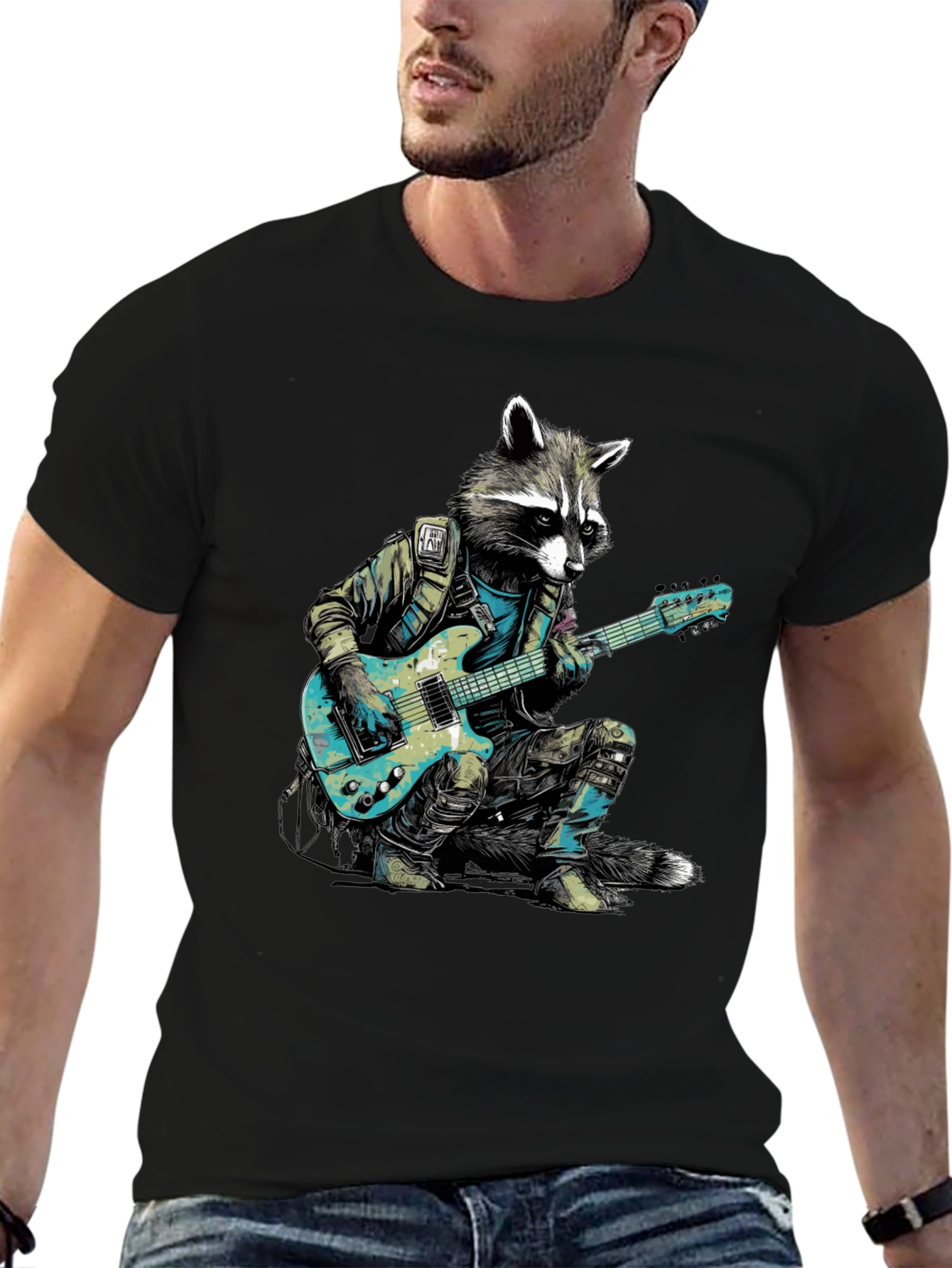 Camiseta Negra con Mapache Rockero Guitarrista