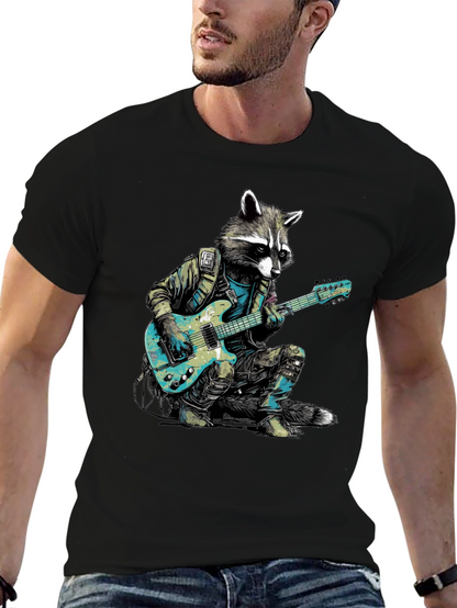 Camiseta Negra con Mapache Rockero Guitarrista