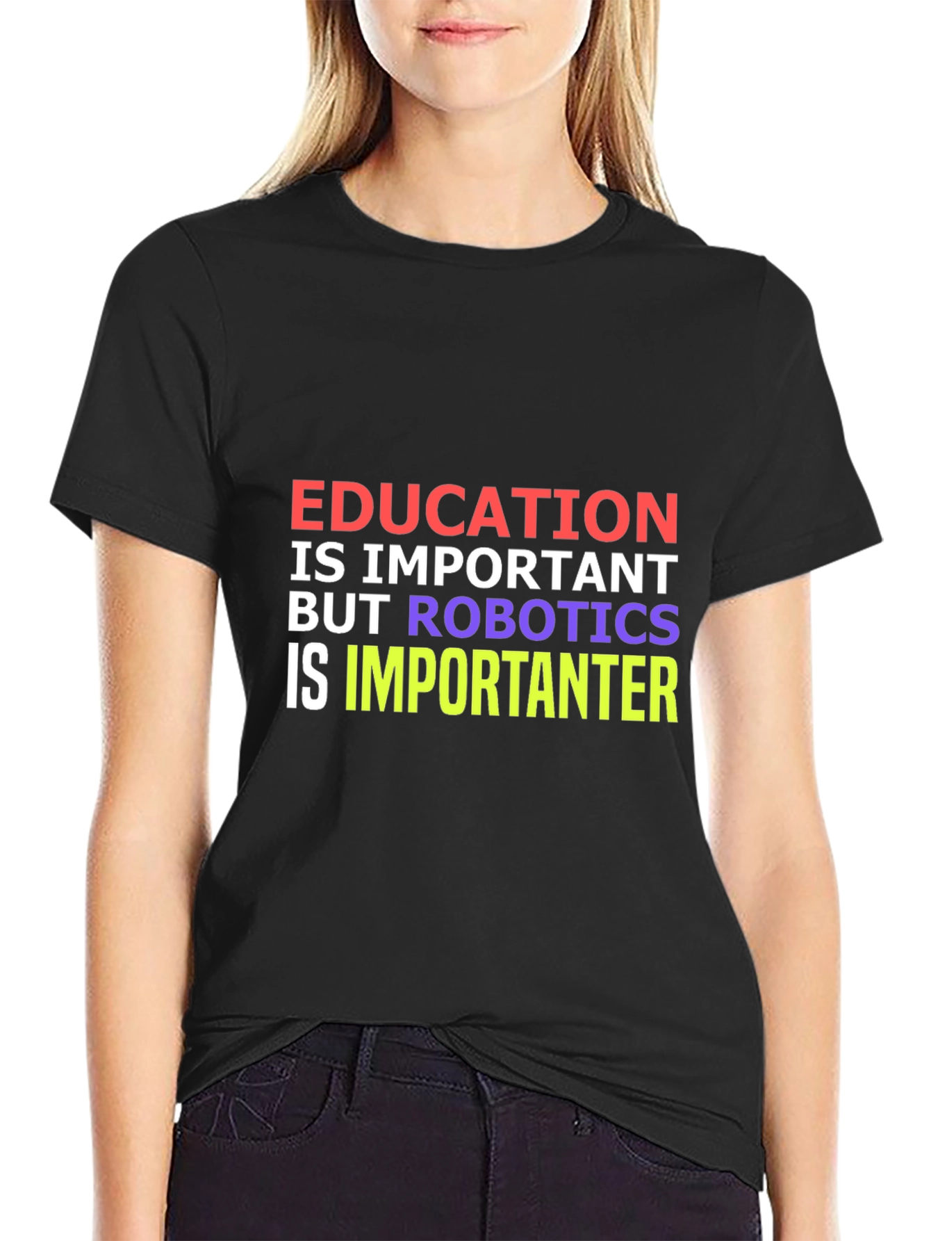 Camiseta Negra: Educación vs Robótica - ¡Importancia Divertida!