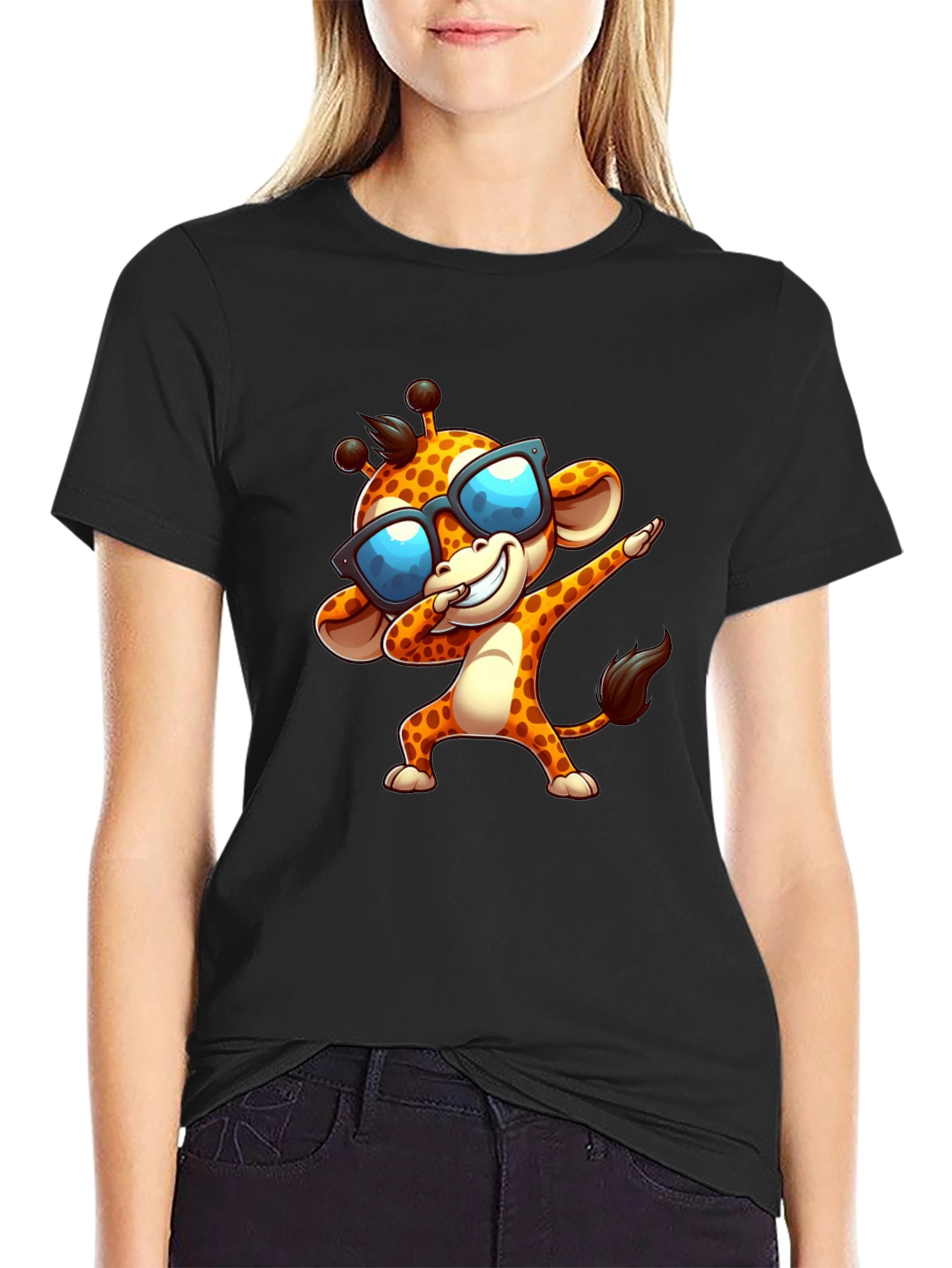 Camiseta Negra con Jirafa Dabbing y Gafas de Sol