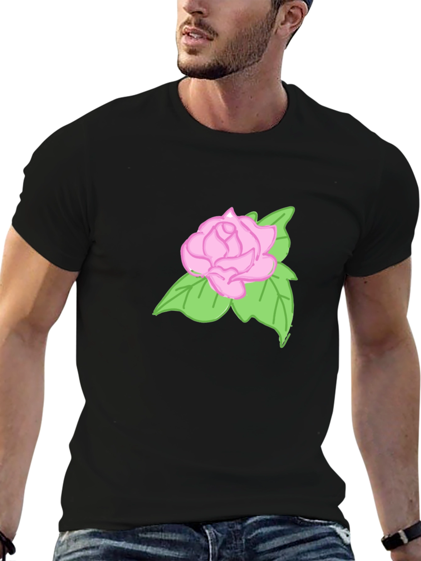 Camiseta Negra Hombre con Diseño de Rosa