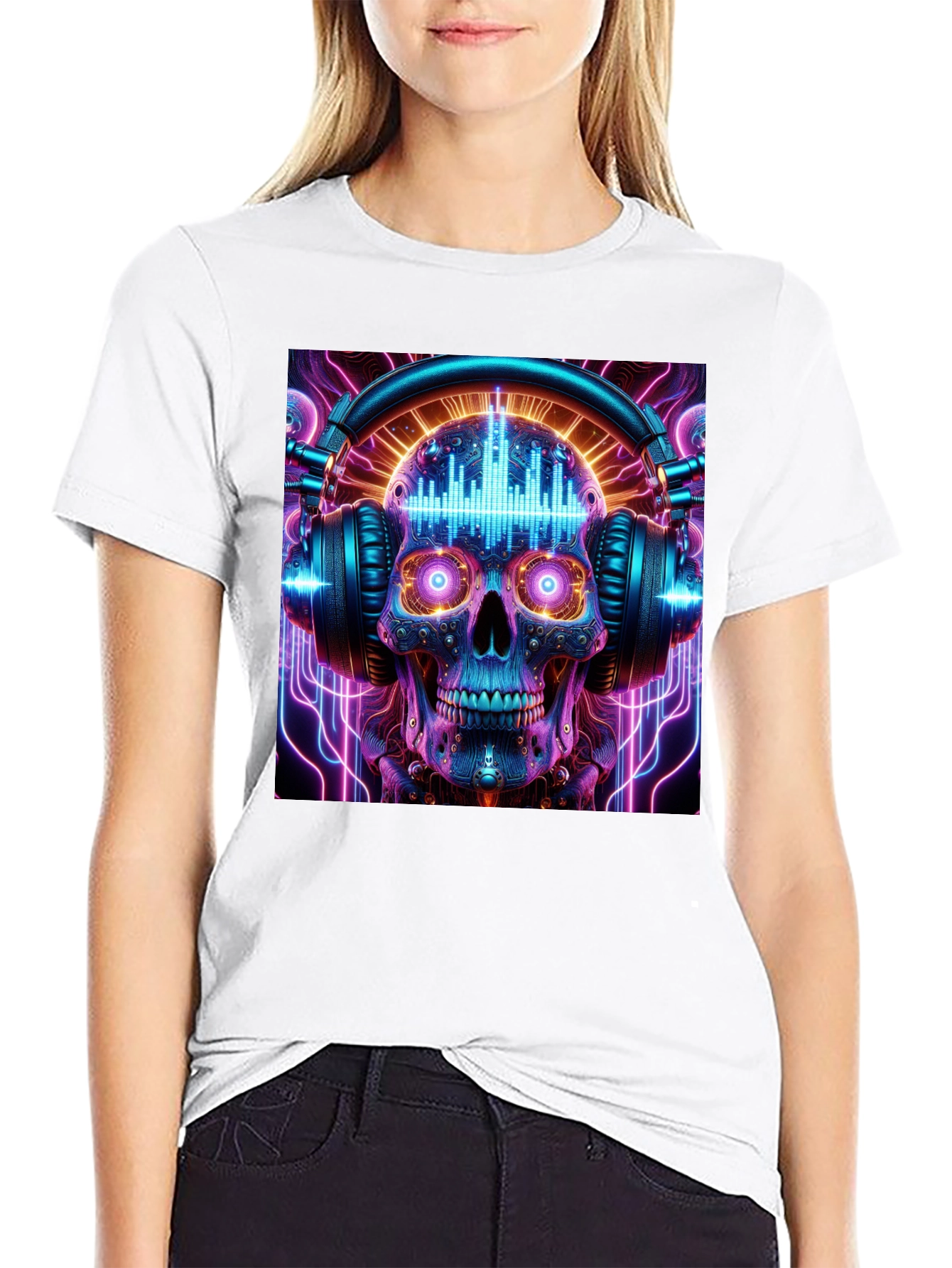 Camiseta Negra Calavera DJ Neón