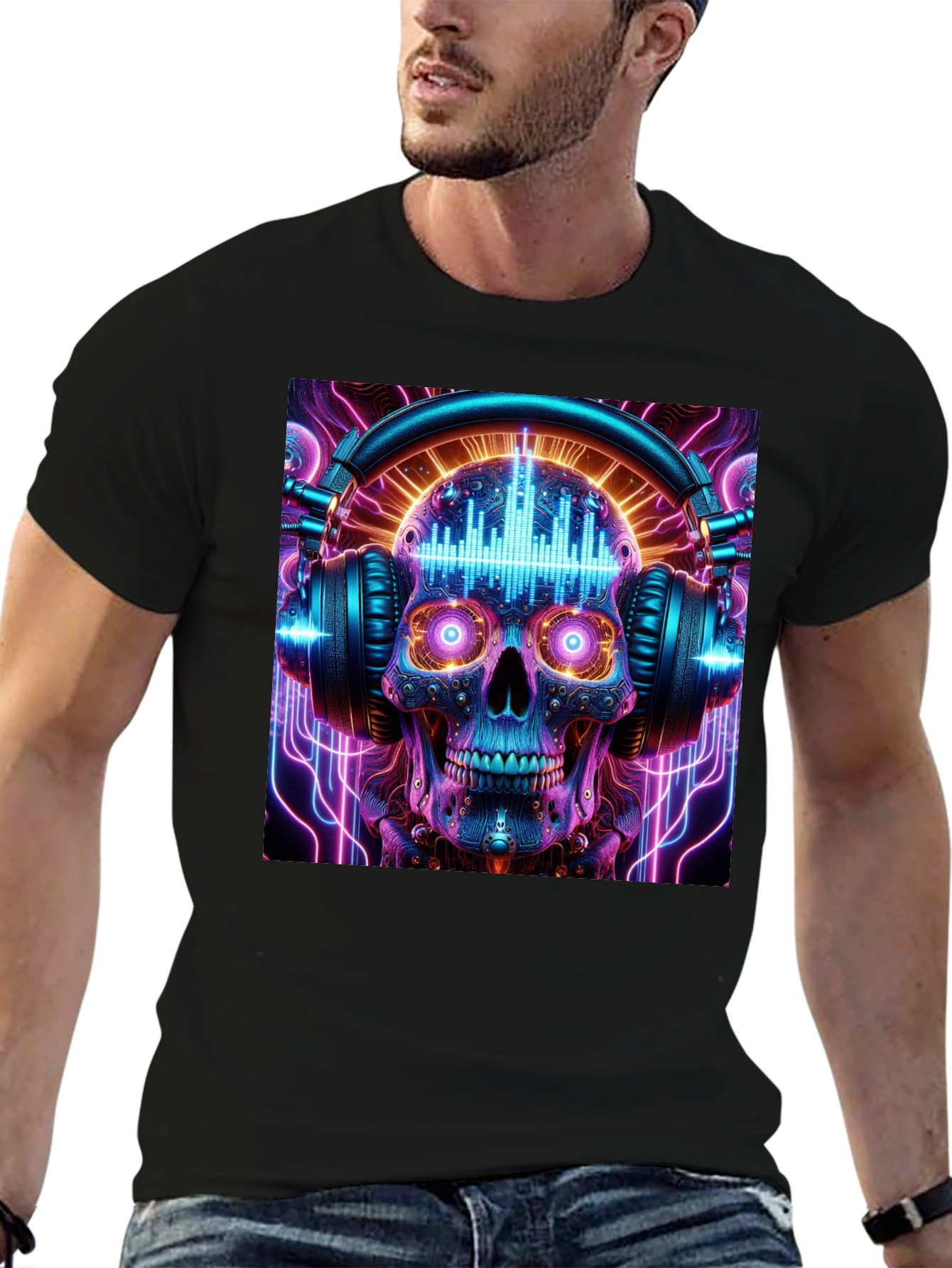 Camiseta Negra Calavera DJ Neón