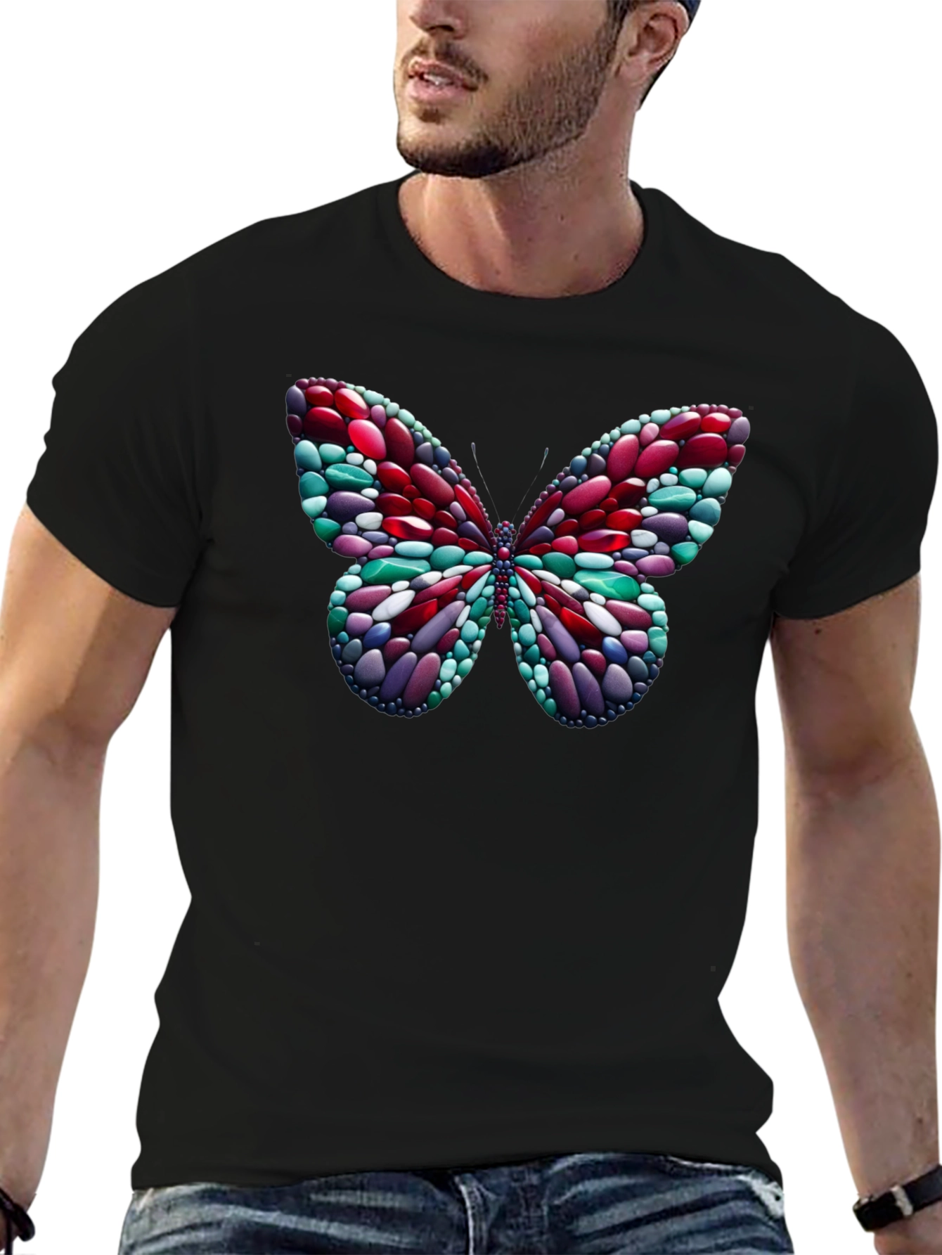 Camiseta Negra con Mariposa de Diseño Abstracto