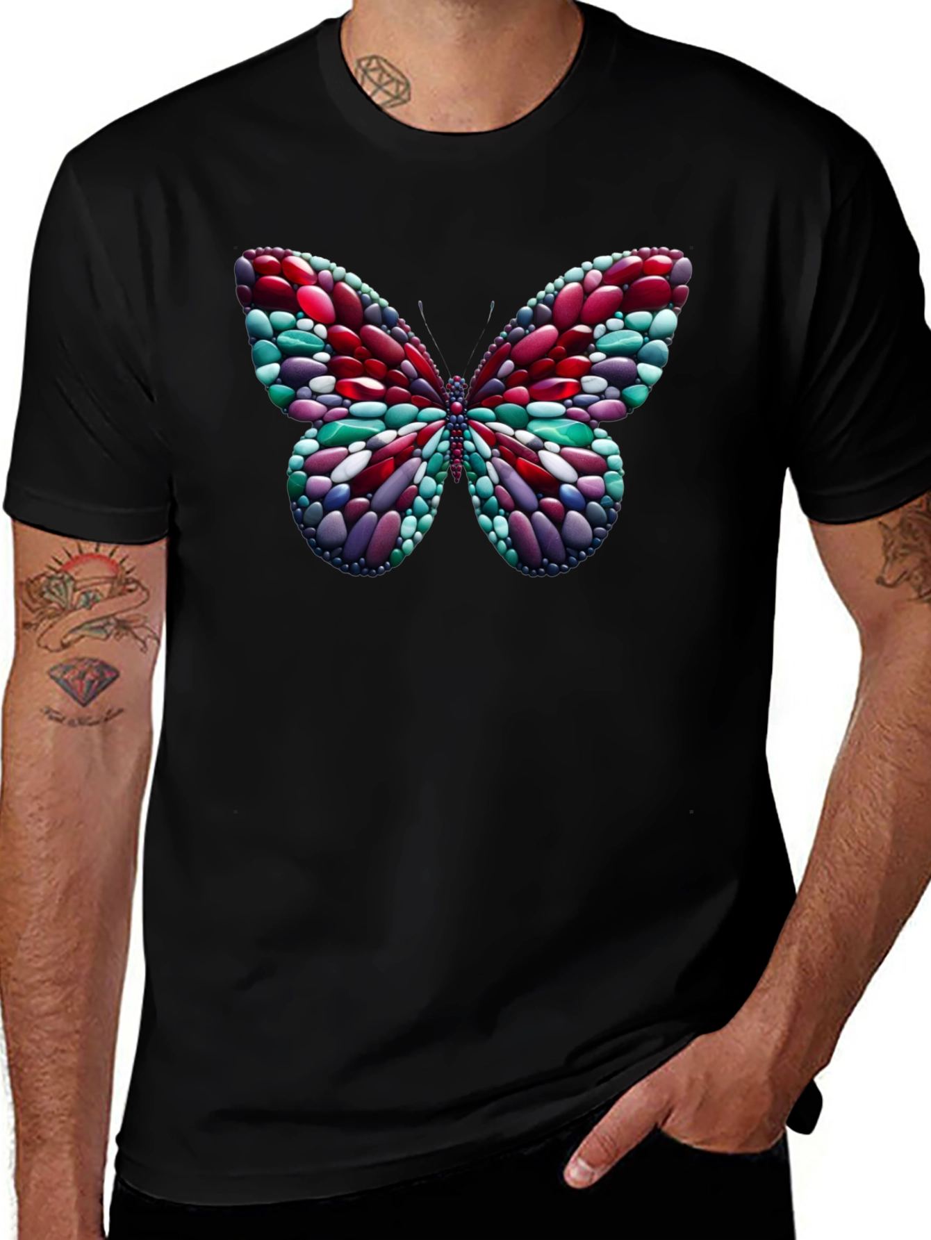 Camiseta Negra con Mariposa de Diseño Abstracto