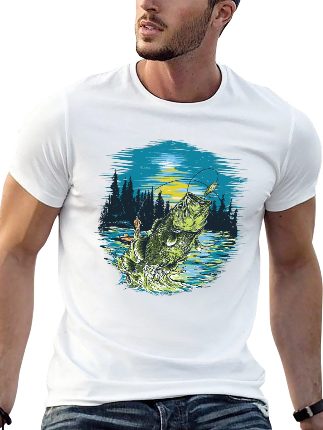 Camiseta negra con diseño de pesca deportiva