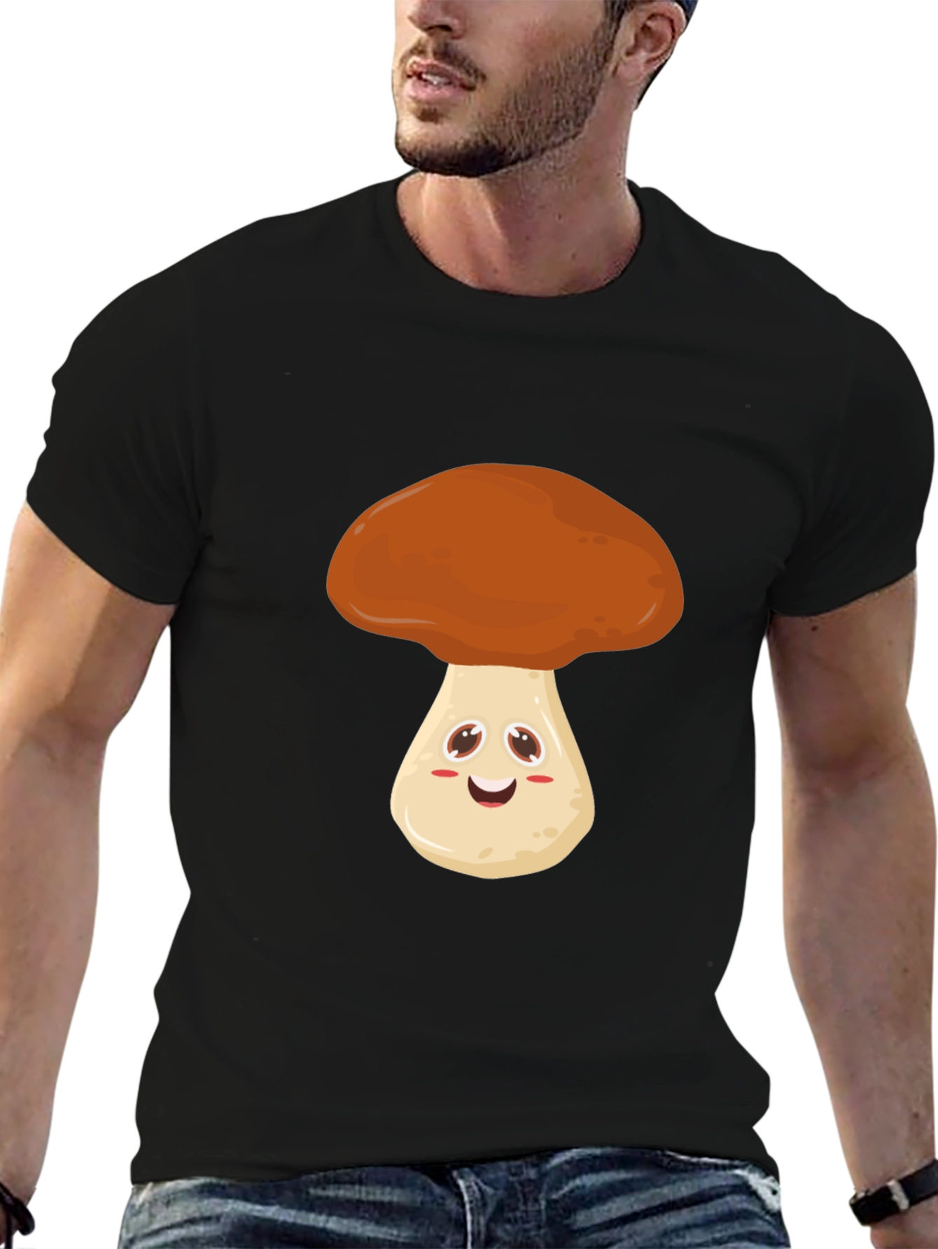 Camiseta Negra con Diseño de Hongo Feliz