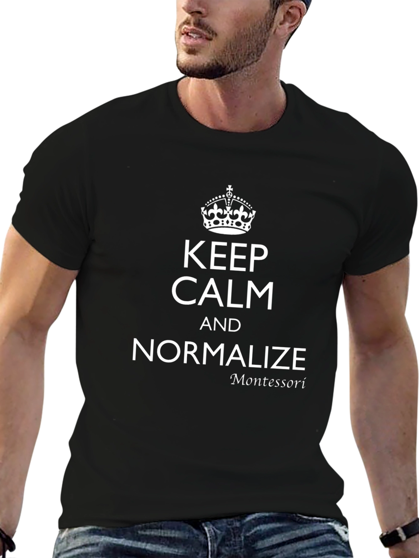 Camiseta Negra: Keep Calm and Normalize Montessori