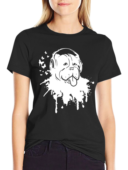 Camiseta Negra con Diseño de Bulldog con Auriculares
