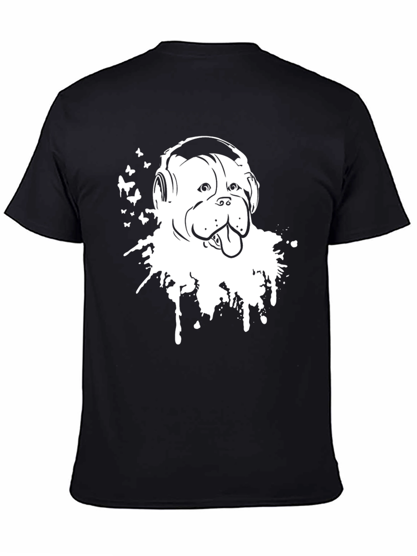 Camiseta Negra con Diseño de Bulldog con Auriculares