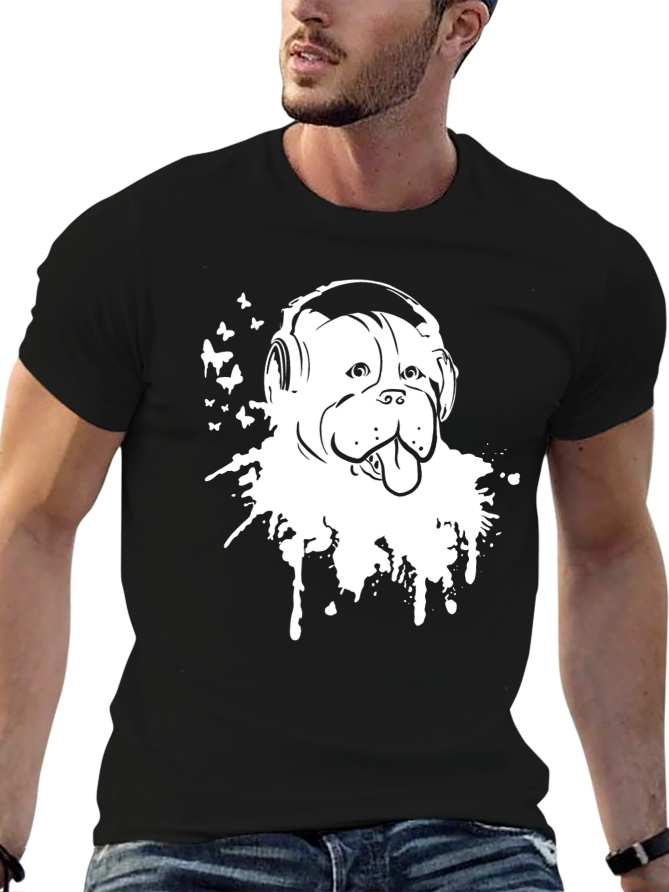 Camiseta Negra con Diseño de Bulldog con Auriculares