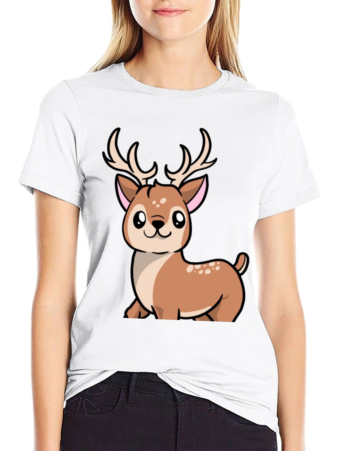 Camiseta Negra con Diseño de Ciervo Kawaii