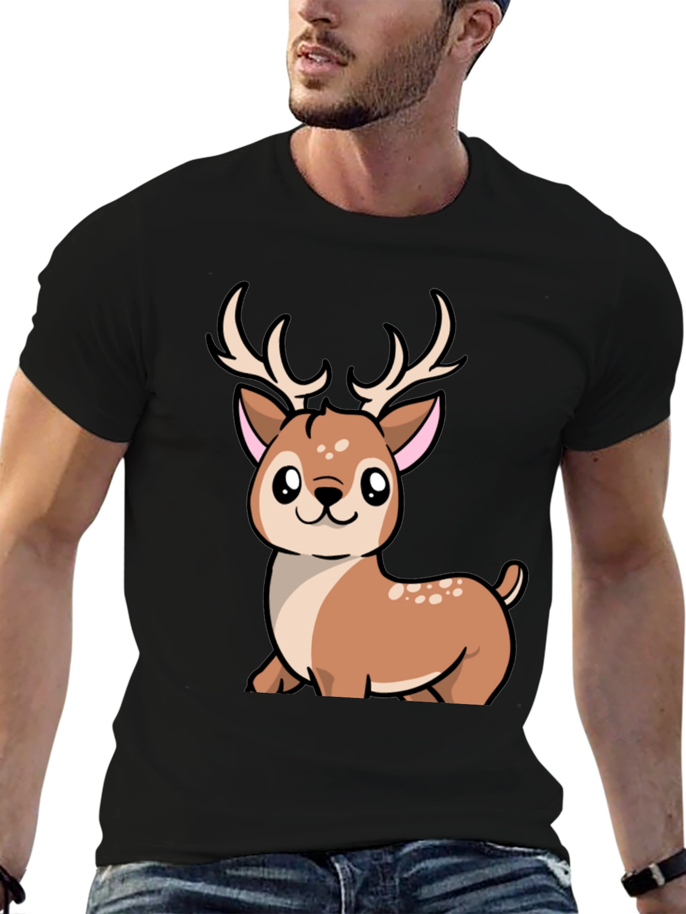Camiseta Negra con Diseño de Ciervo Kawaii