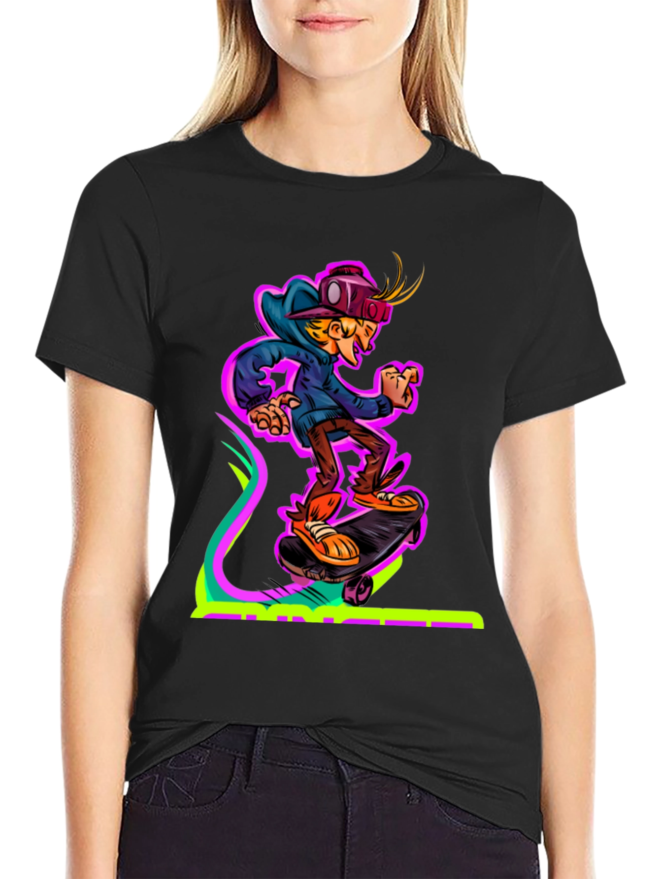 Camiseta Negra con Diseño de Skater Virtual