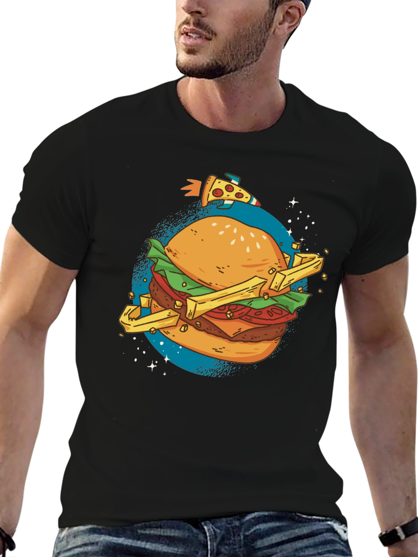 Camiseta Negra Estampada Hamburguesa Espacial