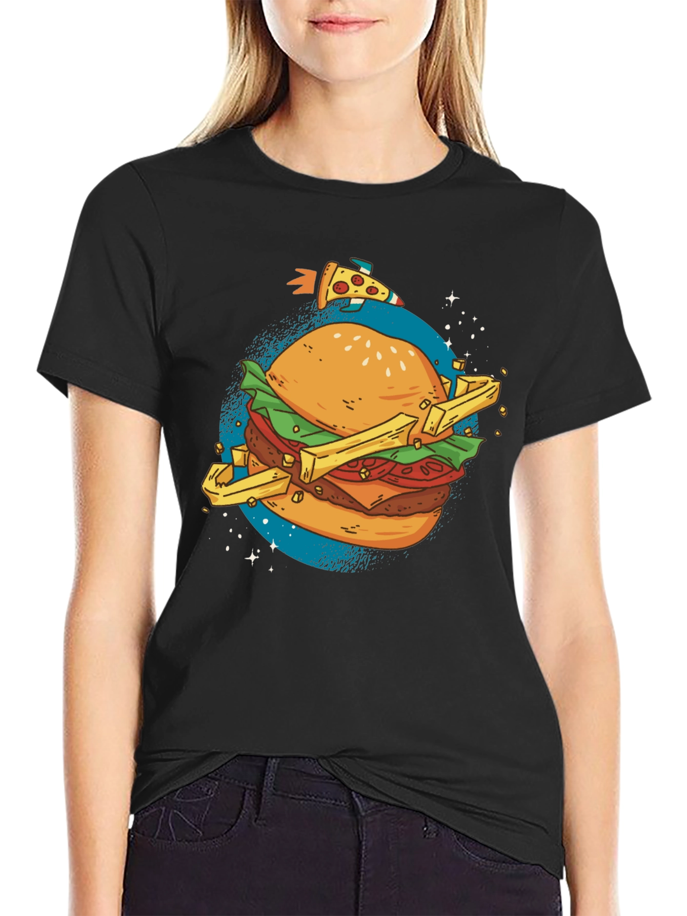 Camiseta Negra Estampada Hamburguesa Espacial