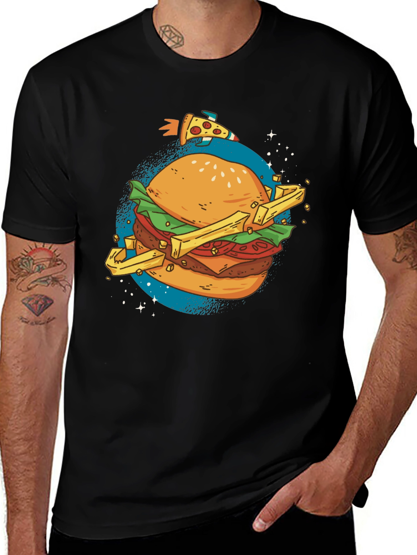 Camiseta Negra Estampada Hamburguesa Espacial