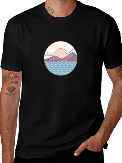 Camiseta Negra con Diseño de Paisaje Circular
