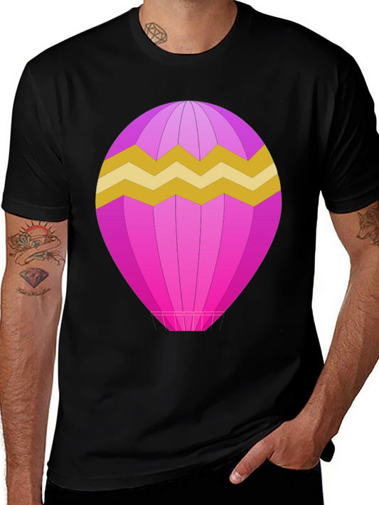 Camiseta Negra con Diseño de Globo Aerostático Rosa y Amarillo