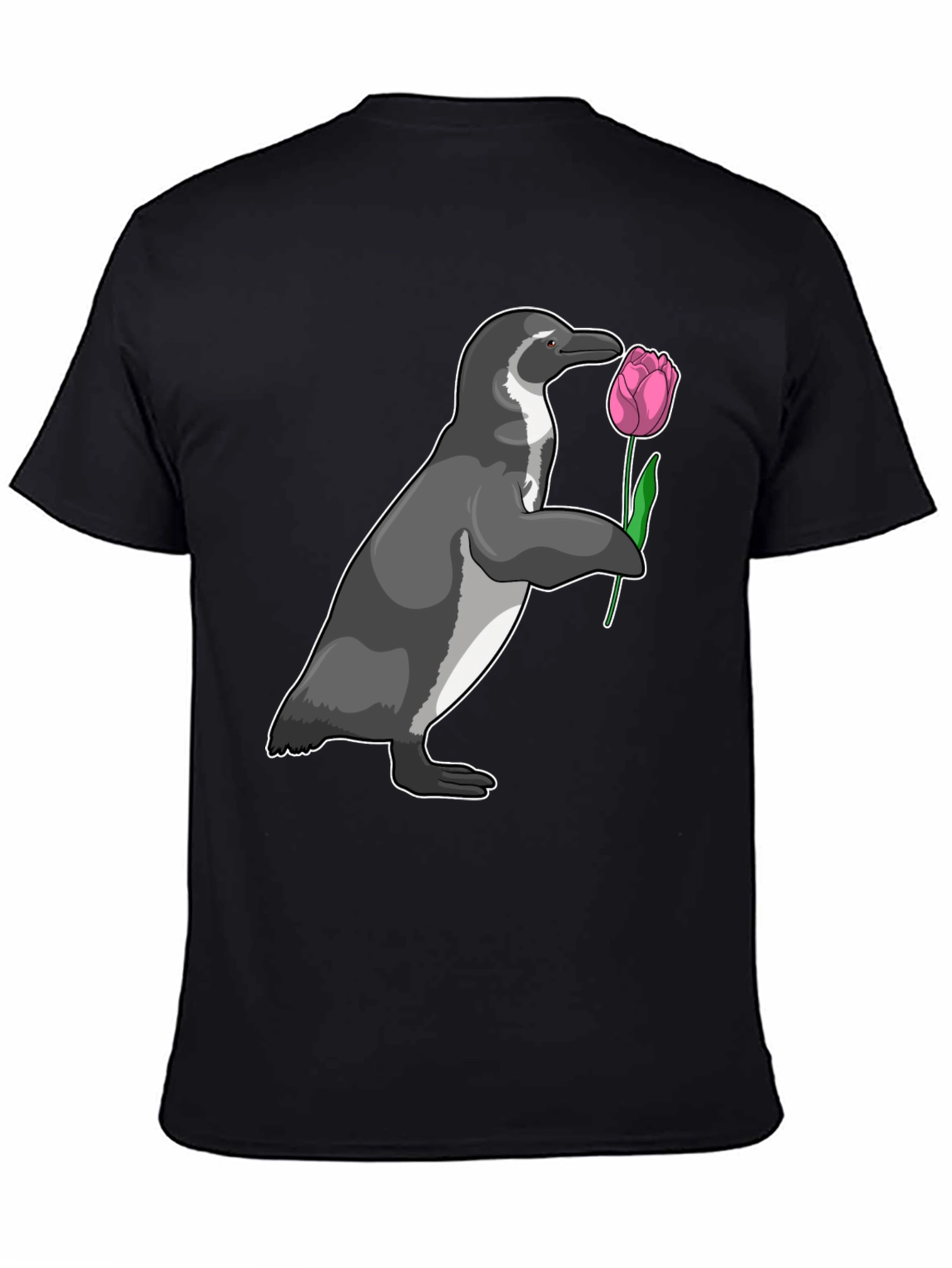 Camiseta Negra con Pingüino y Tulipán