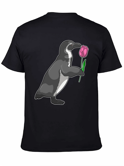 Camiseta Negra con Pingüino y Tulipán