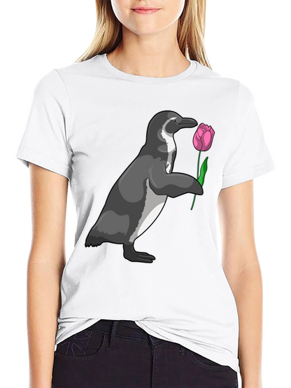 Camiseta Negra con Pingüino y Tulipán