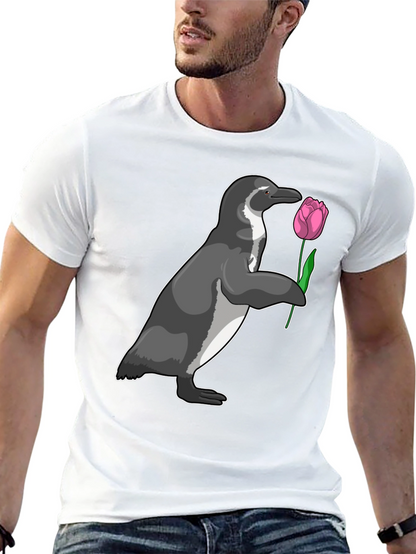 Camiseta Negra con Pingüino y Tulipán