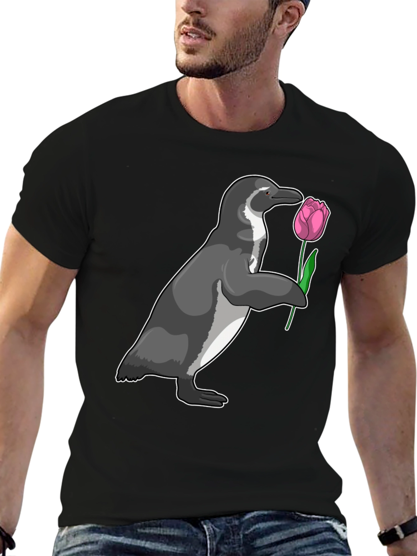 Camiseta Negra con Pingüino y Tulipán