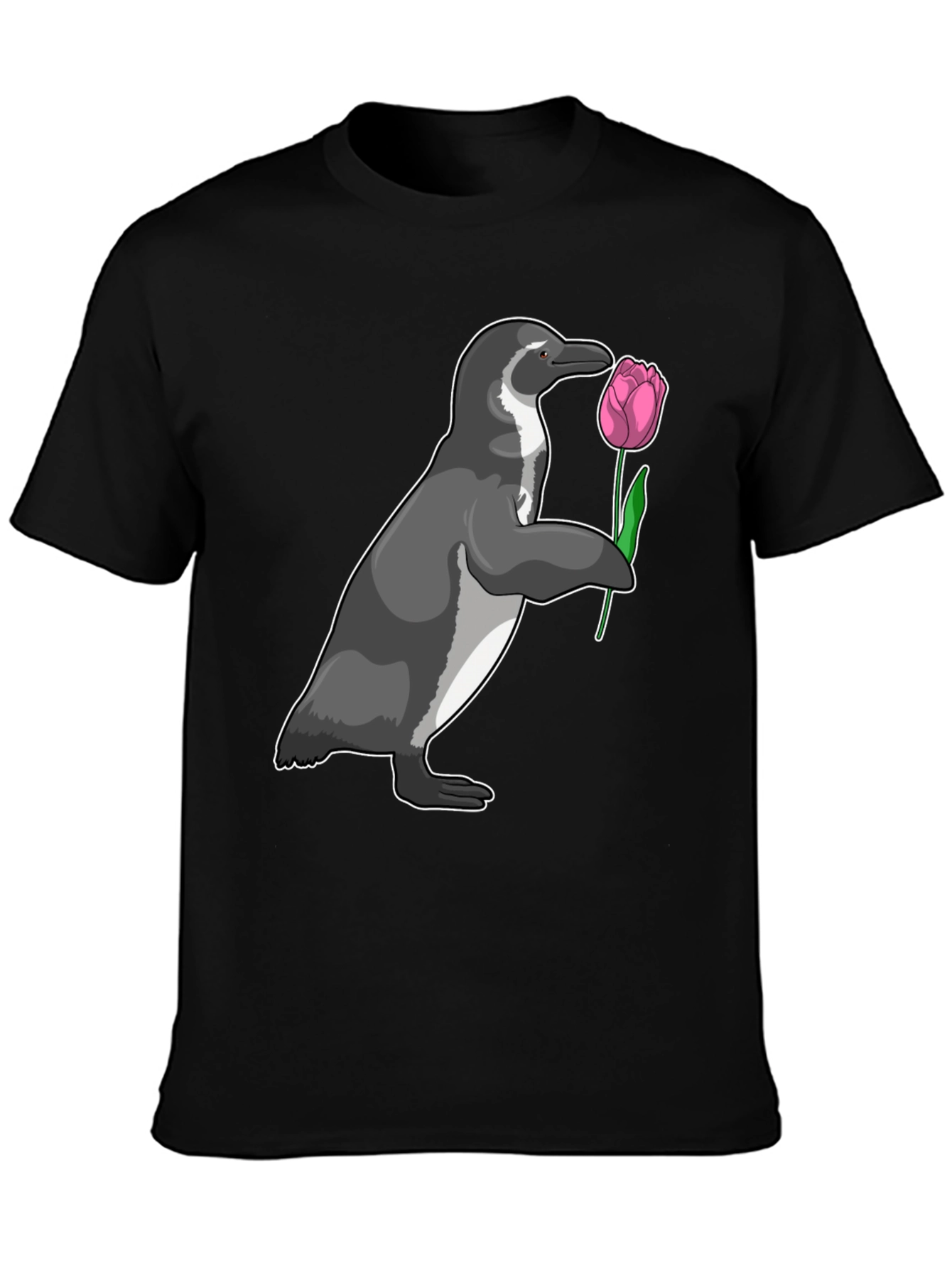 Camiseta Negra con Pingüino y Tulipán