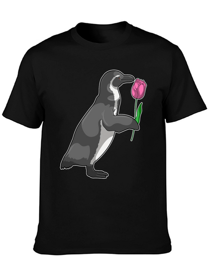 Camiseta Negra con Pingüino y Tulipán