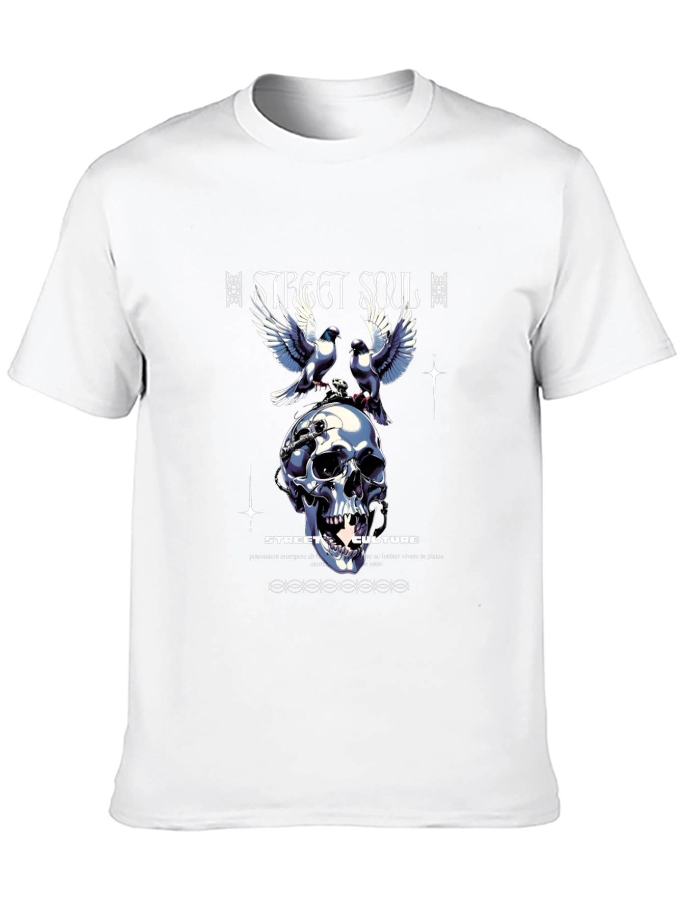 Camiseta Negra Diseño Calavera y Palomas Street Soul