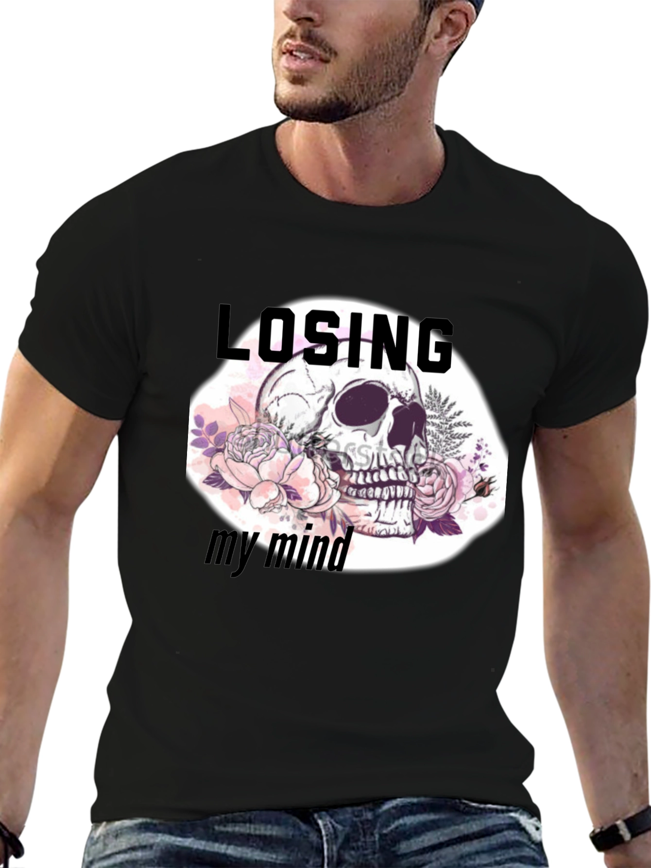 Camiseta Negra con Diseño de Calavera Floral
