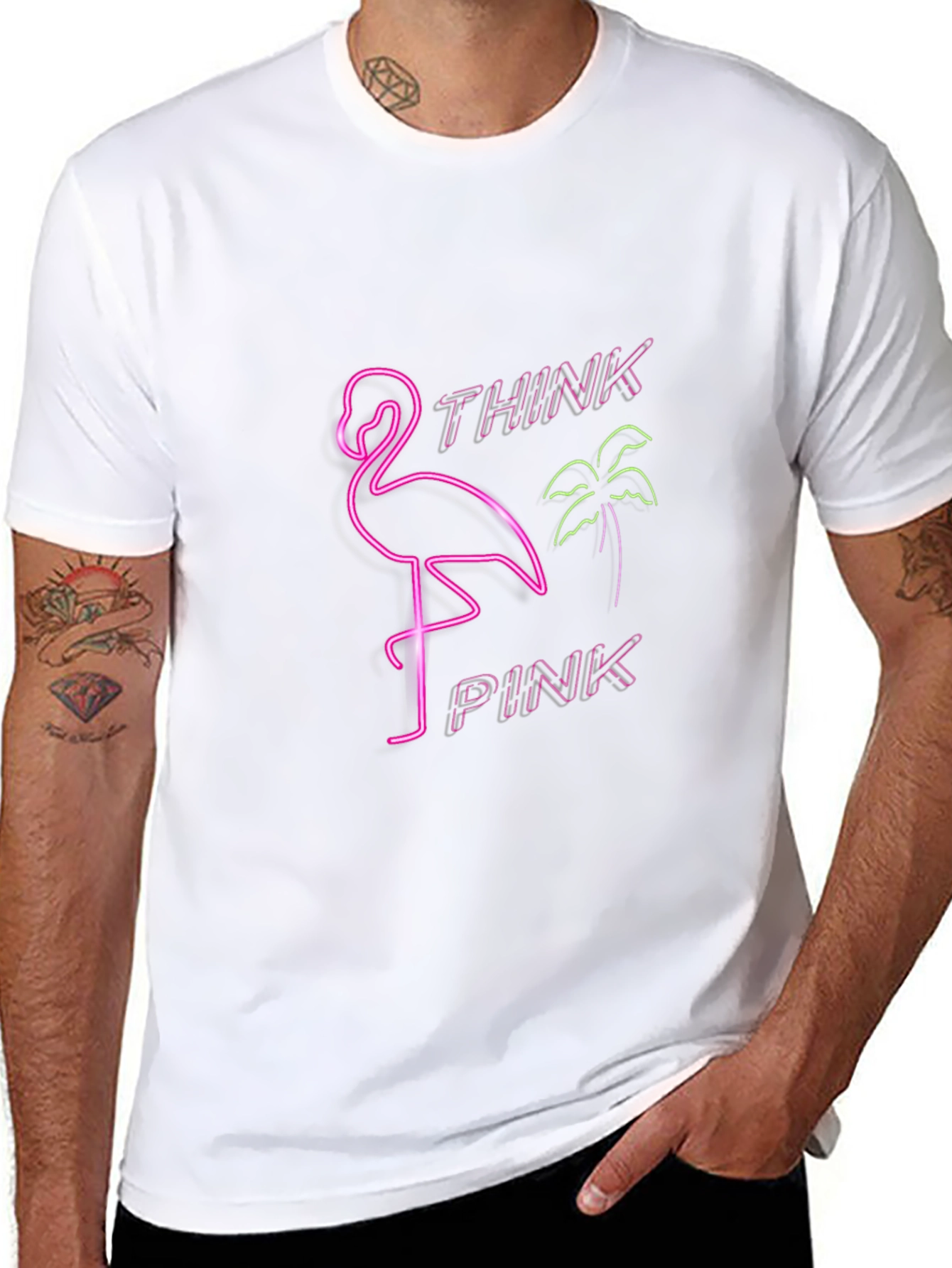 Camiseta Negra con Diseño Neón de Flamenco Think Pink